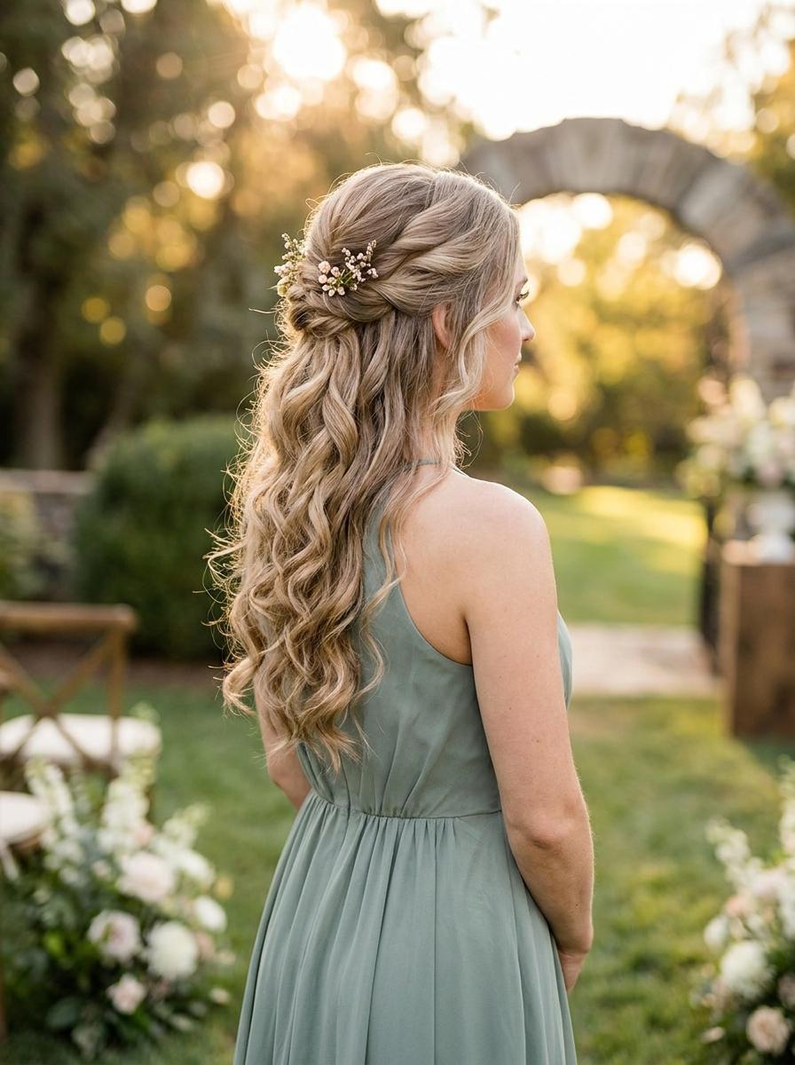 Romantische Half-up Frisur mit Locken - elegante Brautjungfernfrisur